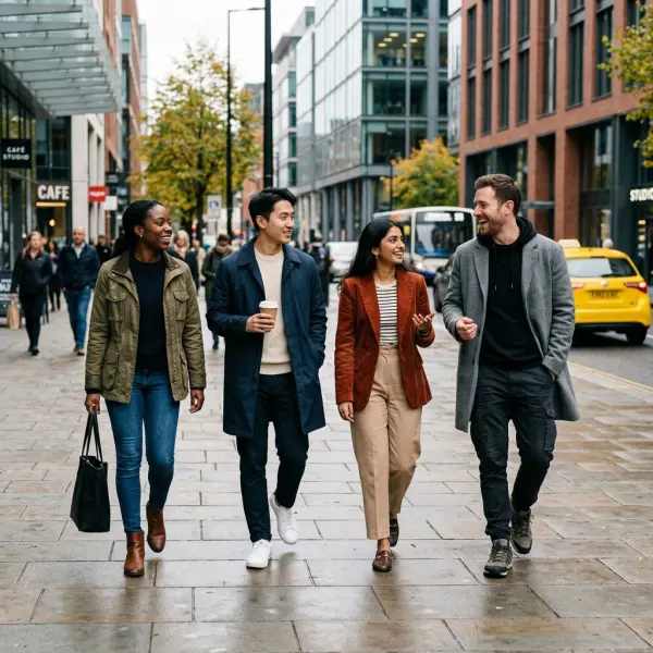 diverse consumers in a realistic city setting showing different interpretations of personal style
