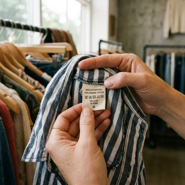 Memeriksa label bahan dan petunjuk perawatan pada pakaian thrift
