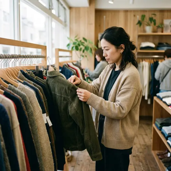 Pembeli memeriksa kualitas pakaian di toko thrift