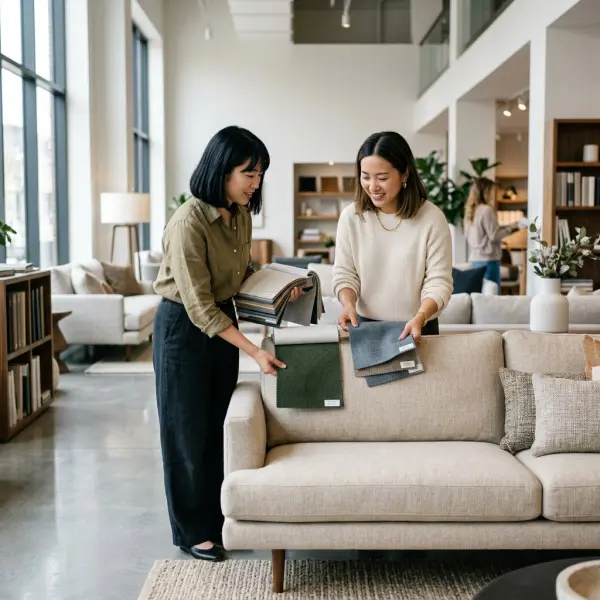 Konsumen memilih upholstery fabric di showroom furnitur modern Konsumen memilih upholstery fabric di showroom furnitur modern