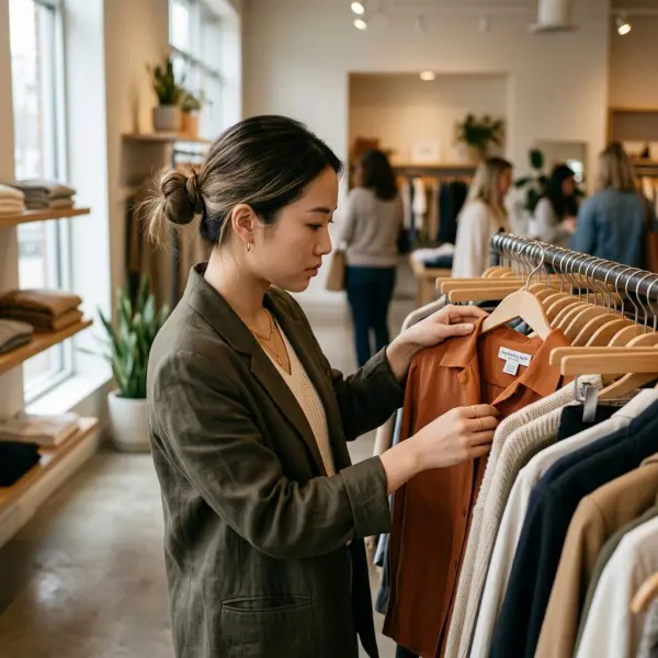 Pembeli memeriksa pakaian bermerek di toko thrift Pembeli memeriksa pakaian bermerek di toko thrift