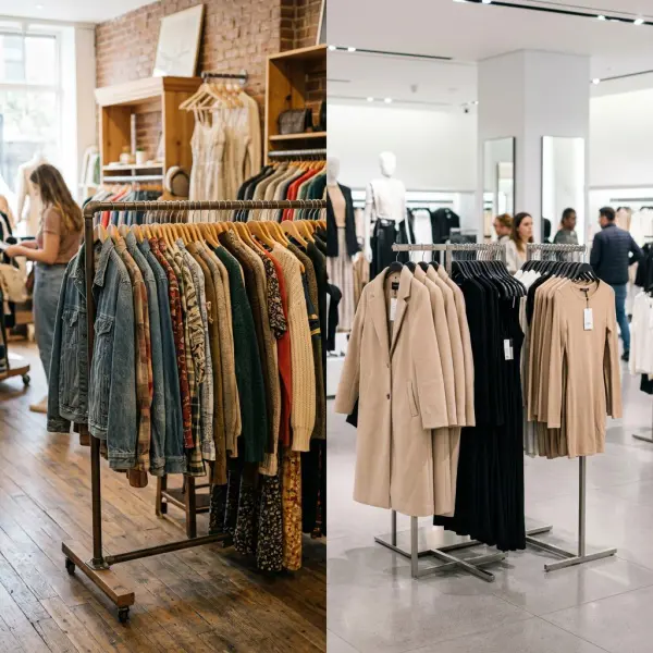 Rak pakaian thrift dan toko fast fashion dalam satu ilustrasi perbandingan