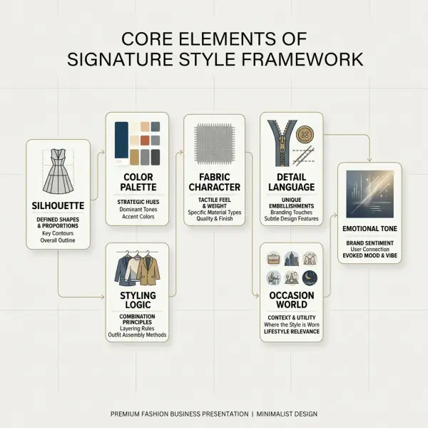 framework showing the core elements of signature style including silhouette color fabric styling details and emotional tone framework showing the core elements of signature style including silhouette color fabric styling details and emotional tone