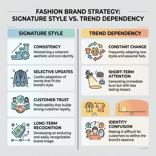 comparison diagram showing signature style versus trend dependency in fashion decision making comparison diagram showing signature style versus trend dependency in fashion decision making