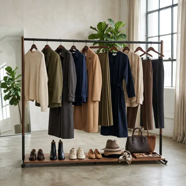 curated wardrobe showing signature style built around consistent colors and silhouettes curated wardrobe showing signature style built around consistent colors and silhouettes