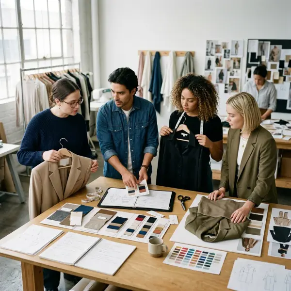 fashion product development team reviewing garments for personal style relevance and wardrobe use fashion product development team reviewing garments for personal style relevance and wardrobe use