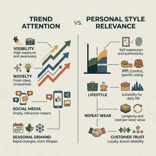clean comparison diagram showing trend attention versus personal style relevance in fashion buying decisions clean comparison diagram showing trend attention versus personal style relevance in fashion buying decisions