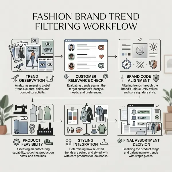 workflow showing how fashion brands filter trends through signature style before product development workflow showing how fashion brands filter trends through signature style before product development