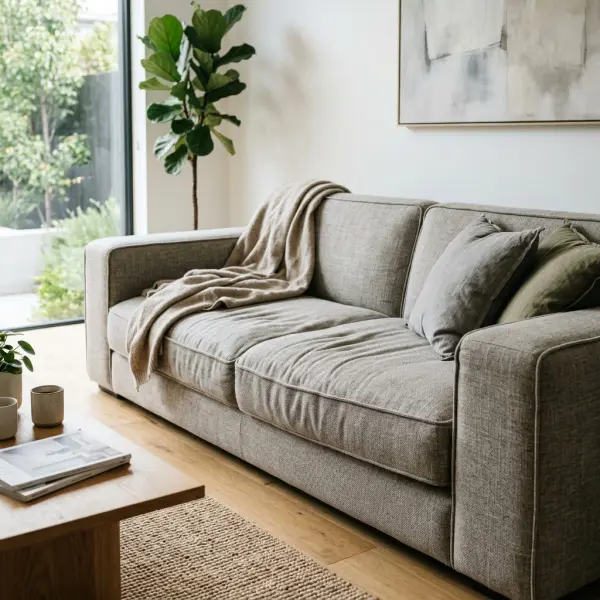 Sofa modern dengan upholstery fabric yang digunakan dalam aktivitas sehari-hari Sofa modern dengan upholstery fabric yang digunakan dalam aktivitas sehari-hari
