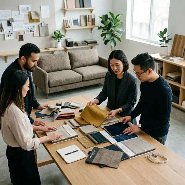 Tim desain memilih swatch upholstery fabric untuk sofa dan interior di studio Tim desain memilih swatch upholstery fabric untuk sofa dan interior di studio