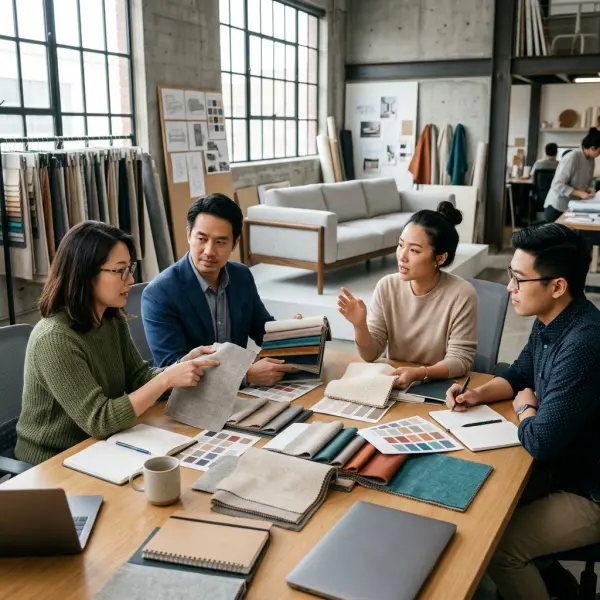 Tim pengembangan produk memilih upholstery fabric untuk koleksi sofa baru Tim pengembangan produk memilih upholstery fabric untuk koleksi sofa baru
