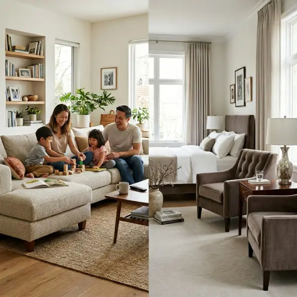 Perbandingan penggunaan upholstery fabric pada ruang keluarga dan ruang tamu formal Perbandingan penggunaan upholstery fabric pada ruang keluarga dan ruang tamu formal