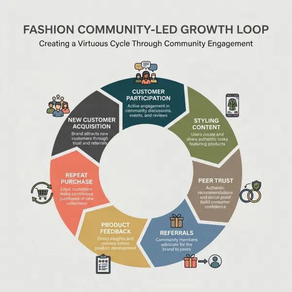 Fashion community-led growth loop showing participation, advocacy, feedback, loyalty, and acquisition Fashion community-led growth loop showing participation, advocacy, feedback, loyalty, and acquisition