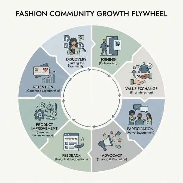 Fashion community growth flywheel from discovery to participation, advocacy, feedback, and retention Fashion community growth flywheel from discovery to participation, advocacy, feedback, and retention