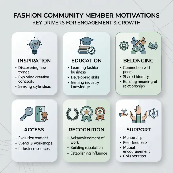 Fashion community member motivation framework for inspiration, education, belonging, access, recognition, and support Fashion community member motivation framework for inspiration, education, belonging, access, recognition, and support