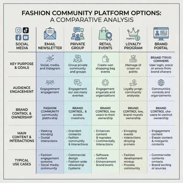 Fashion brand community platform map comparing social media, email, private groups, events, and membership programs Fashion brand community platform map comparing social media, email, private groups, events, and membership programs