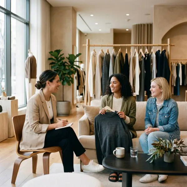 Fashion customers discussing size and styling advice in a brand community space Fashion customers discussing size and styling advice in a brand community space