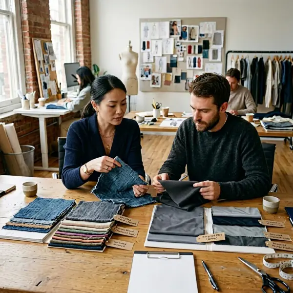 Tim pengembangan produk membandingkan sampel upcycled dan recycled fabric