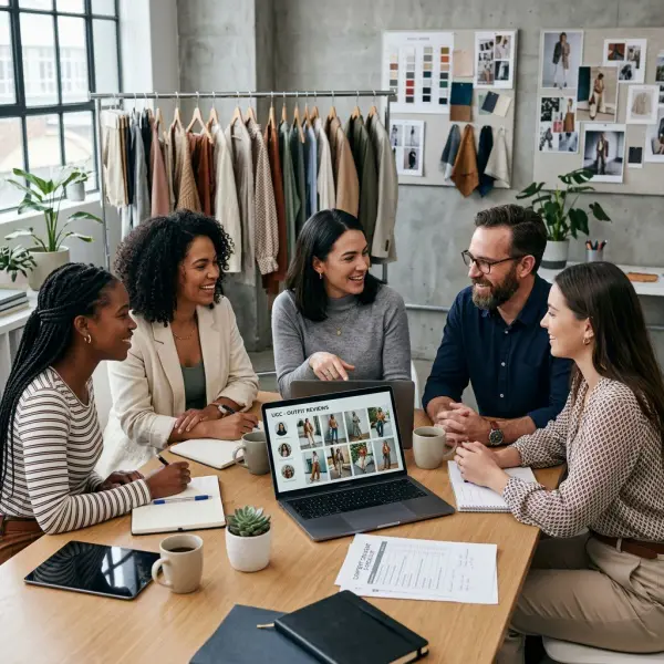 Fashion brand team reviewing customer-generated content permission and usage rights Fashion brand team reviewing customer-generated content permission and usage rights