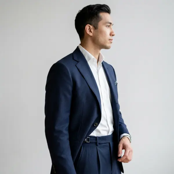 Detail tailoring modern pada blazer dan celana kerja Detail tailoring modern pada blazer dan celana kerja