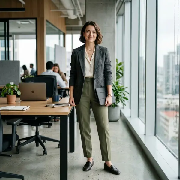 Profesional muda mengenakan outfit kantor modern dengan tampilan rapi Profesional muda mengenakan outfit kantor modern dengan tampilan rapi