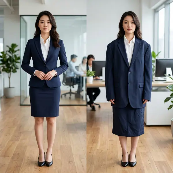 Perbandingan outfit kantor dengan ukuran pas dan terlalu longgar Perbandingan outfit kantor dengan ukuran pas dan terlalu longgar