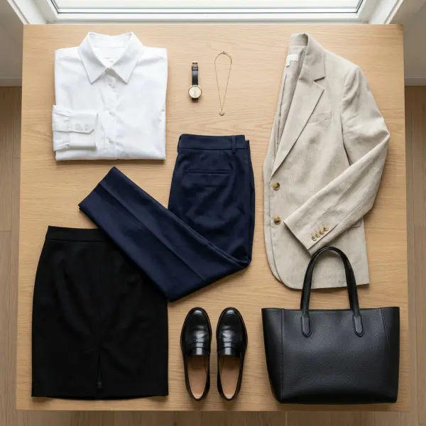 Tampilan capsule wardrobe kantor dengan warna netral yang saling serasi Tampilan capsule wardrobe kantor dengan warna netral yang saling serasi