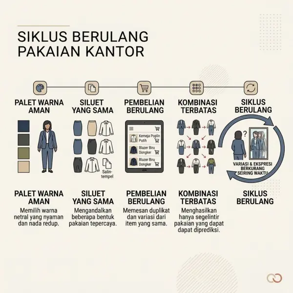 Diagram sederhana tentang bagaimana pakaian kantor yang aman berulang membentuk lemari yang monoton Diagram sederhana tentang bagaimana pakaian kantor yang aman berulang membentuk lemari yang monoton