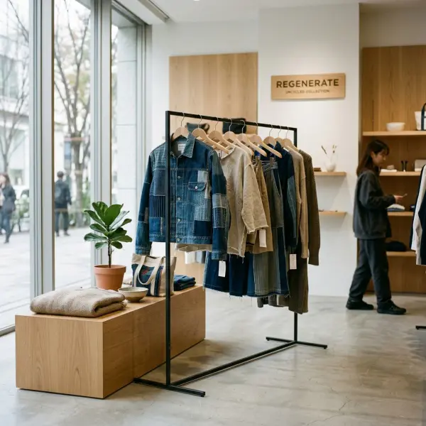 Koleksi fashion berbahan upcycled dipajang dalam suasana butik modern