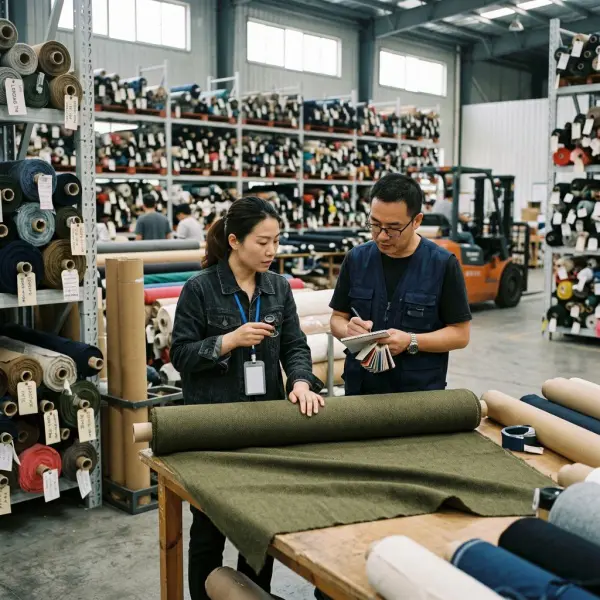 Tim sourcing memilih gulungan kain deadstock di gudang tekstil