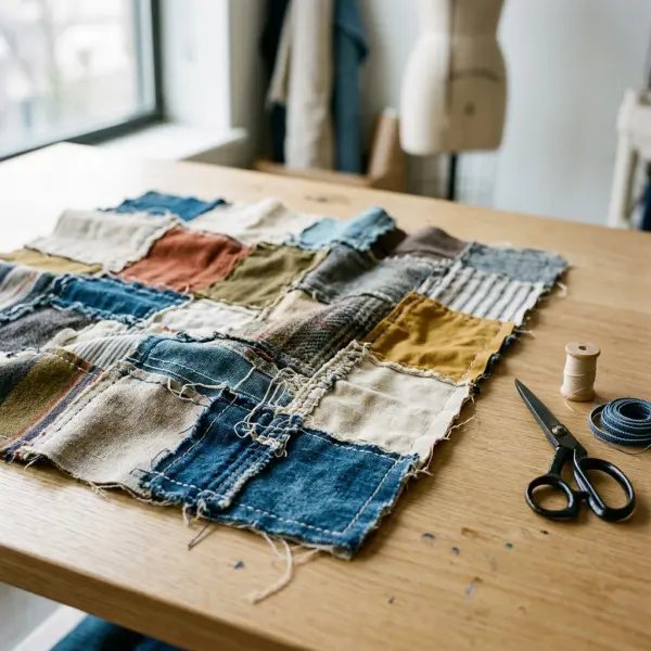 Close-up realistis kain upcycled dengan tekstur dan patchwork dari sisa tekstil fashion Close-up realistis kain upcycled dengan tekstur dan patchwork dari sisa tekstil fashion