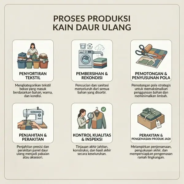 Diagram alur realistis proses upcycled fabric dari sortasi kain hingga produk jadi Diagram alur realistis proses upcycled fabric dari sortasi kain hingga produk jadi