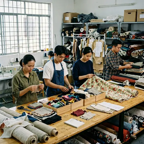 Tim produksi memeriksa dan memilah sisa kain fashion di fasilitas kerja yang rapi Tim produksi memeriksa dan memilah sisa kain fashion di fasilitas kerja yang rapi