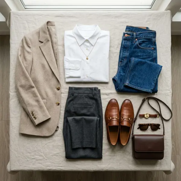 Flat lay koleksi pakaian kapsul dengan warna netral yang mudah dipadukan Flat lay koleksi pakaian kapsul dengan warna netral yang mudah dipadukan