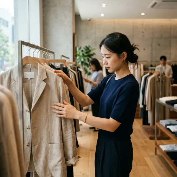 Konsumen memegang berbagai jenis kain di butik fashion untuk menilai kualitas material pakaian
