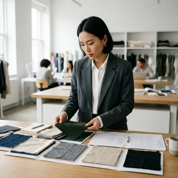 Spesialis sourcing fashion mengevaluasi sampel kain sebelum menentukan material produksi
