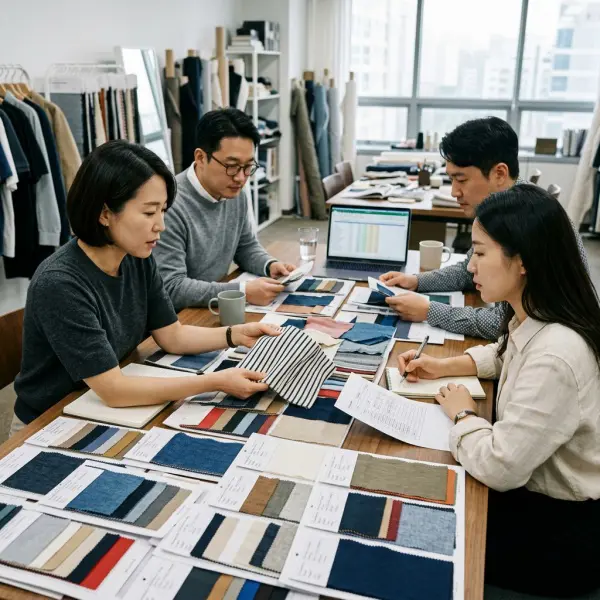 Tim fashion mengevaluasi spesifikasi material dan sampel kain sebelum produksi