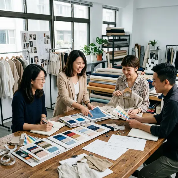 Tim pengembang produk memilih material untuk koleksi brand fashion lokal Tim pengembang produk memilih material untuk koleksi brand fashion lokal