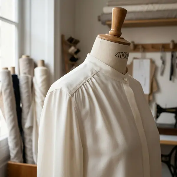 Close-up detail of a premium natural silk garment showing refined stitching and soft luster