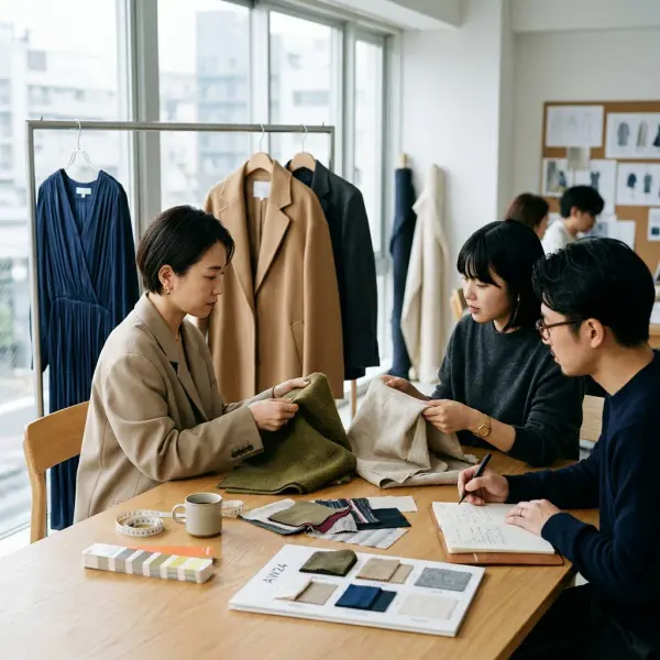 Foto editorial realistis tim brand fashion meninjau swatch material untuk menentukan positioning produk