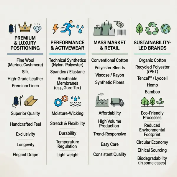 Diagram sederhana perbandingan hubungan material fashion dengan positioning premium, performance, mass market, dan sustainability