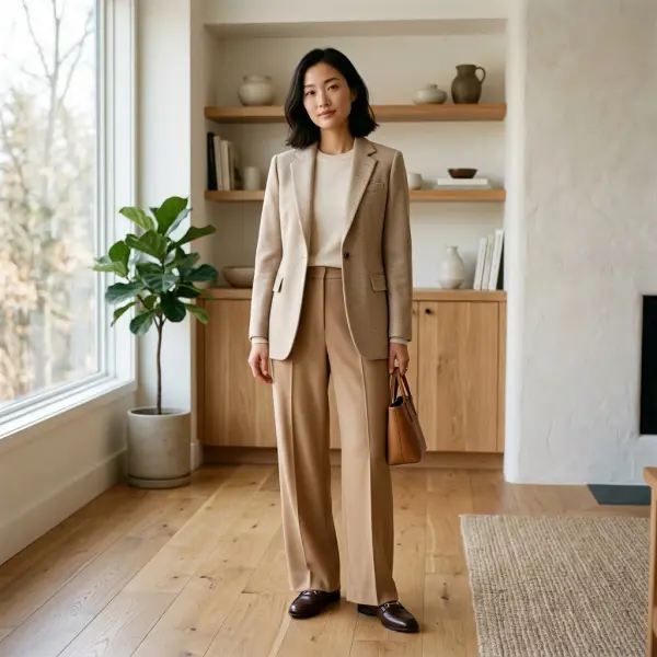Outfit minimalis dengan palet warna earthy dan material premium yang mencerminkan tren muse fashion 2026 Outfit minimalis dengan palet warna earthy dan material premium yang mencerminkan tren muse fashion 2026