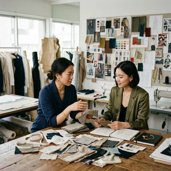 Desainer fashion berdiskusi dengan seorang muse di studio desain modern Desainer fashion berdiskusi dengan seorang muse di studio desain modern
