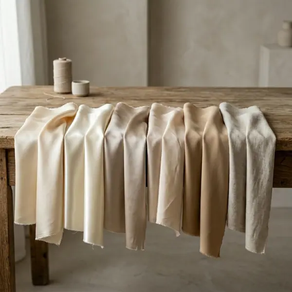 Natural silk and silk-like alternative fabrics compared on a studio table