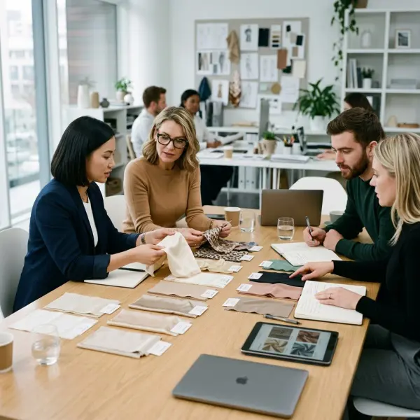 Fashion sourcing team choosing between natural silk and silk-like alternatives