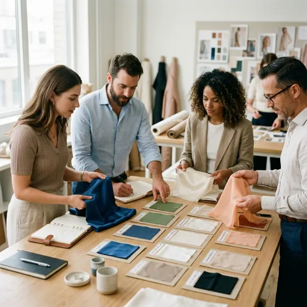 Fashion sourcing team comparing different silk fabric types for apparel development