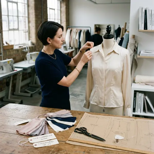 Designer developing silk apparel with fabric swatches, pattern pieces, and garment sample