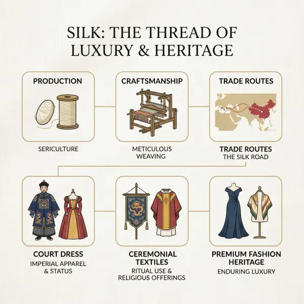 Minimal visual showing silk as a historical luxury textile connected to trade and craftsmanship Minimal visual showing silk as a historical luxury textile connected to trade and craftsmanship