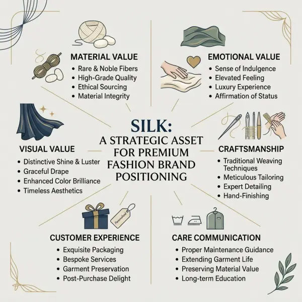 Framework showing how silk supports premium fashion brand positioning Framework showing how silk supports premium fashion brand positioning