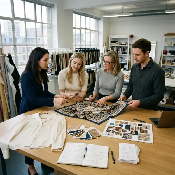 Fashion business team planning a premium silk product strategy Fashion business team planning a premium silk product strategy